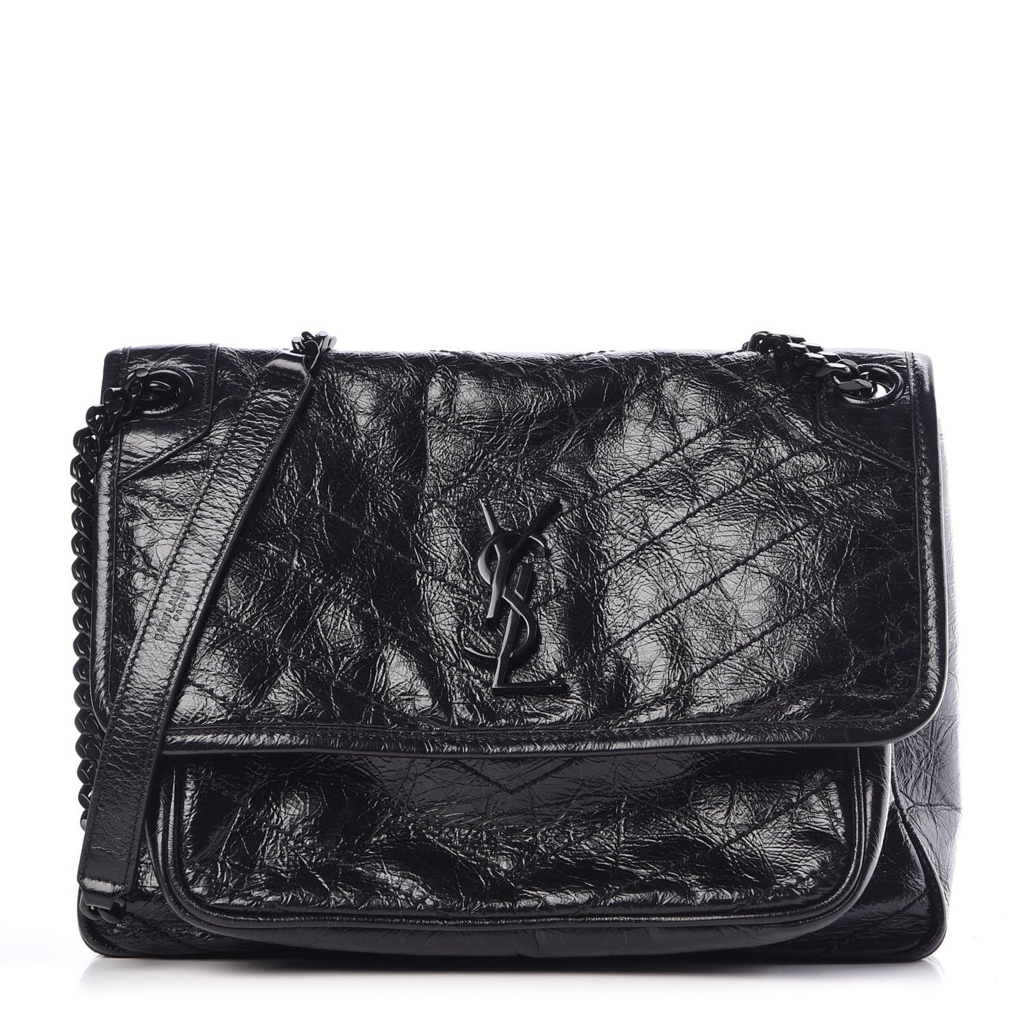 Crinkled Calfskin Matelasse Monogram Medium Niki Chain Satchel Black