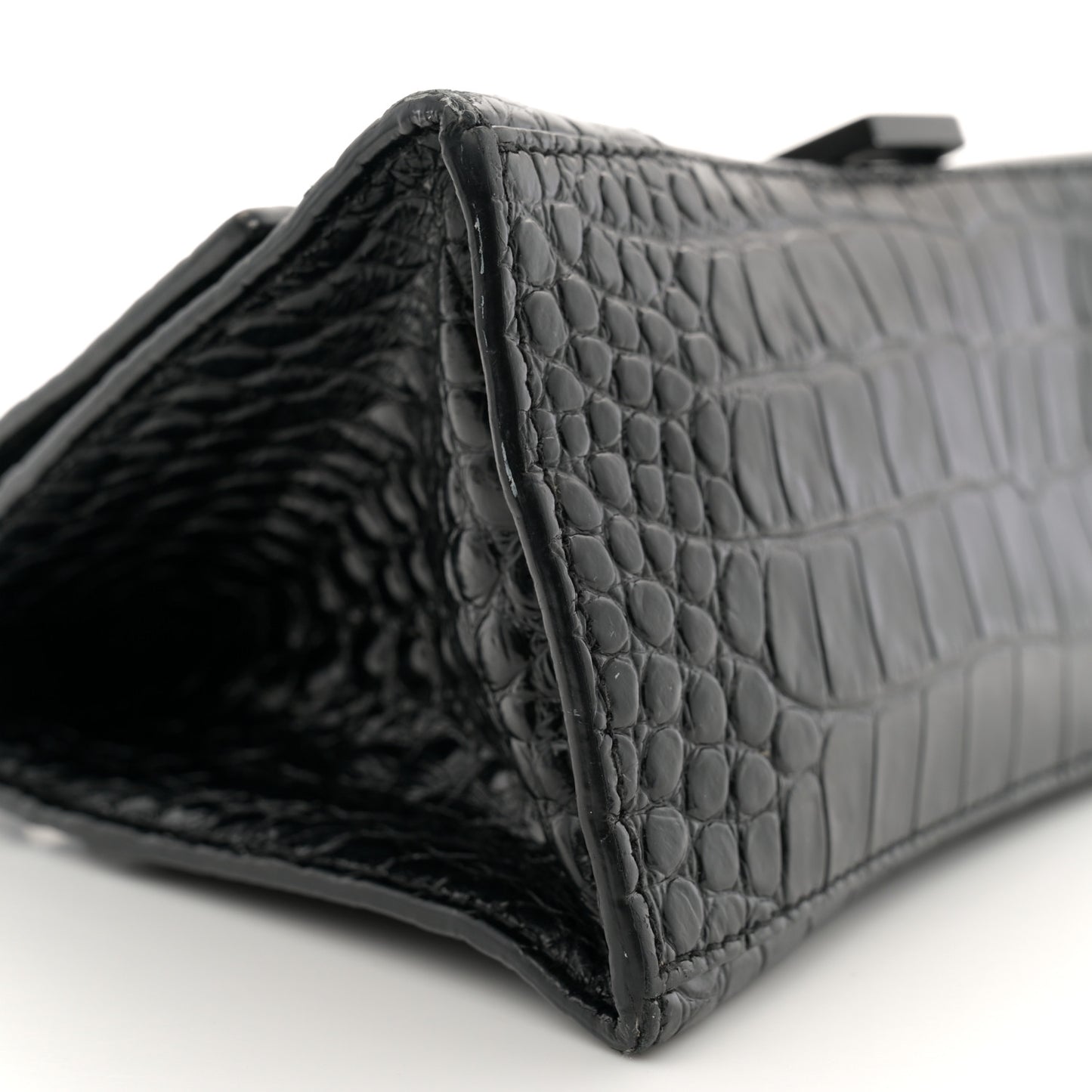 Shiny Calfskin Monochrome Crocodile Embossed Small Hourglass Top Handle Bag Black