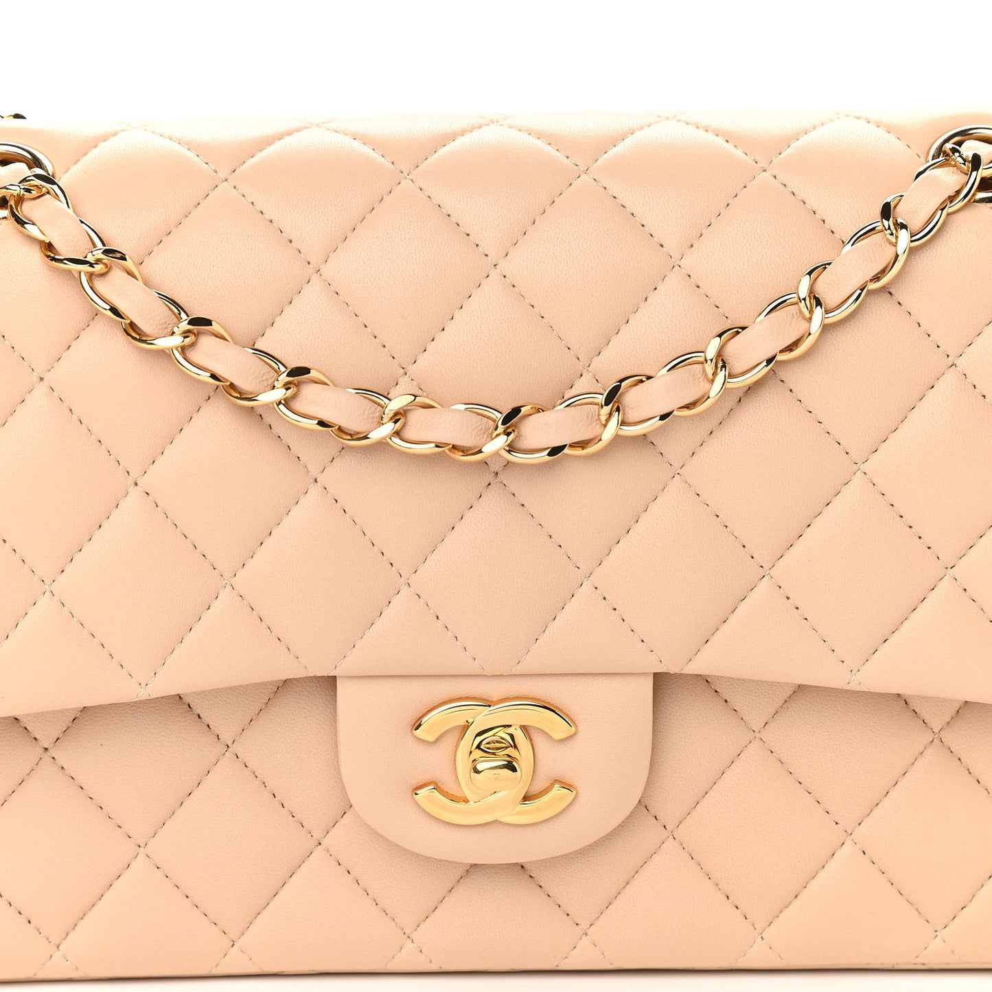 Lambskin Quilted Medium Double Flap Beige