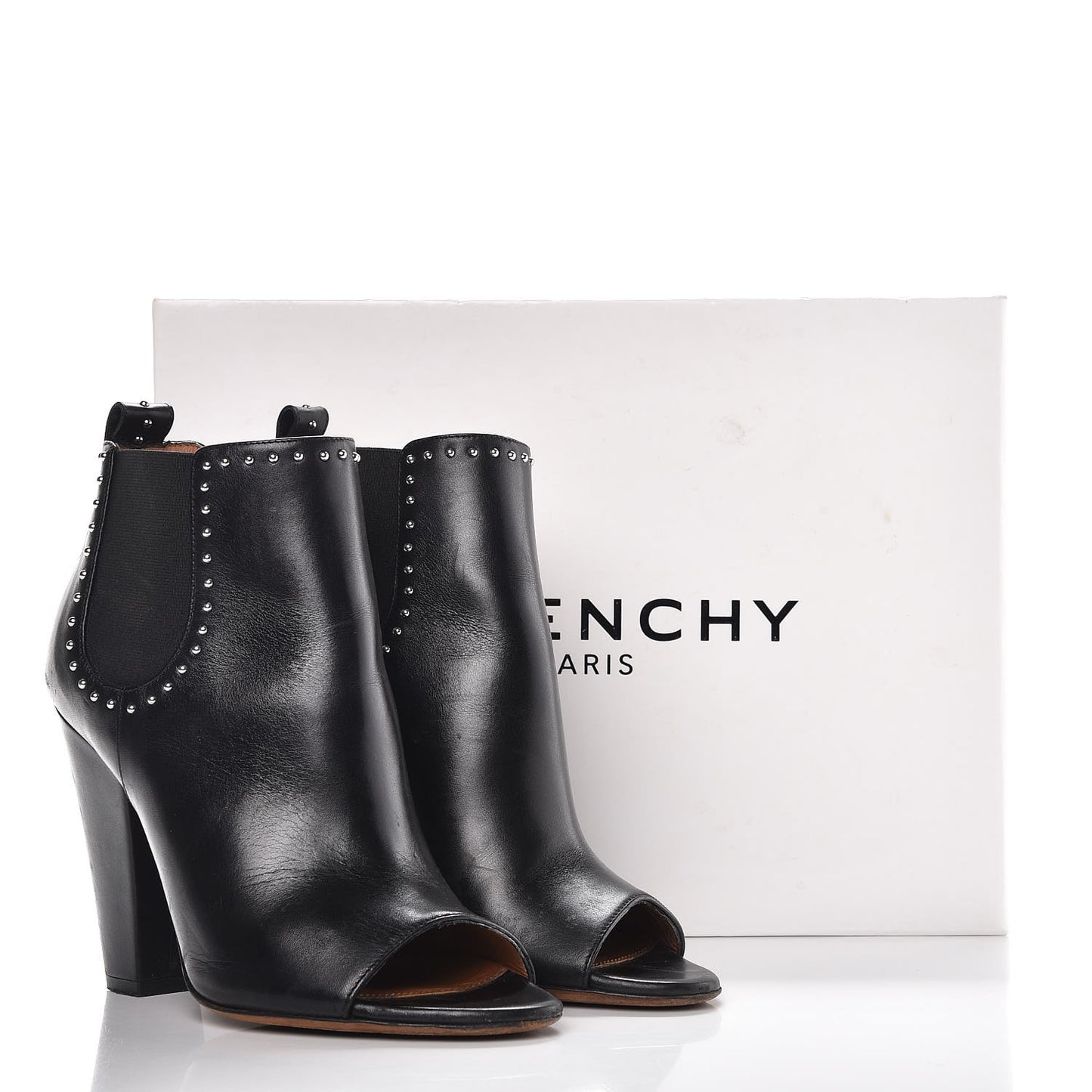 Calfskin Studded Chelsea Ouv Peep Toe Booties 38 Black