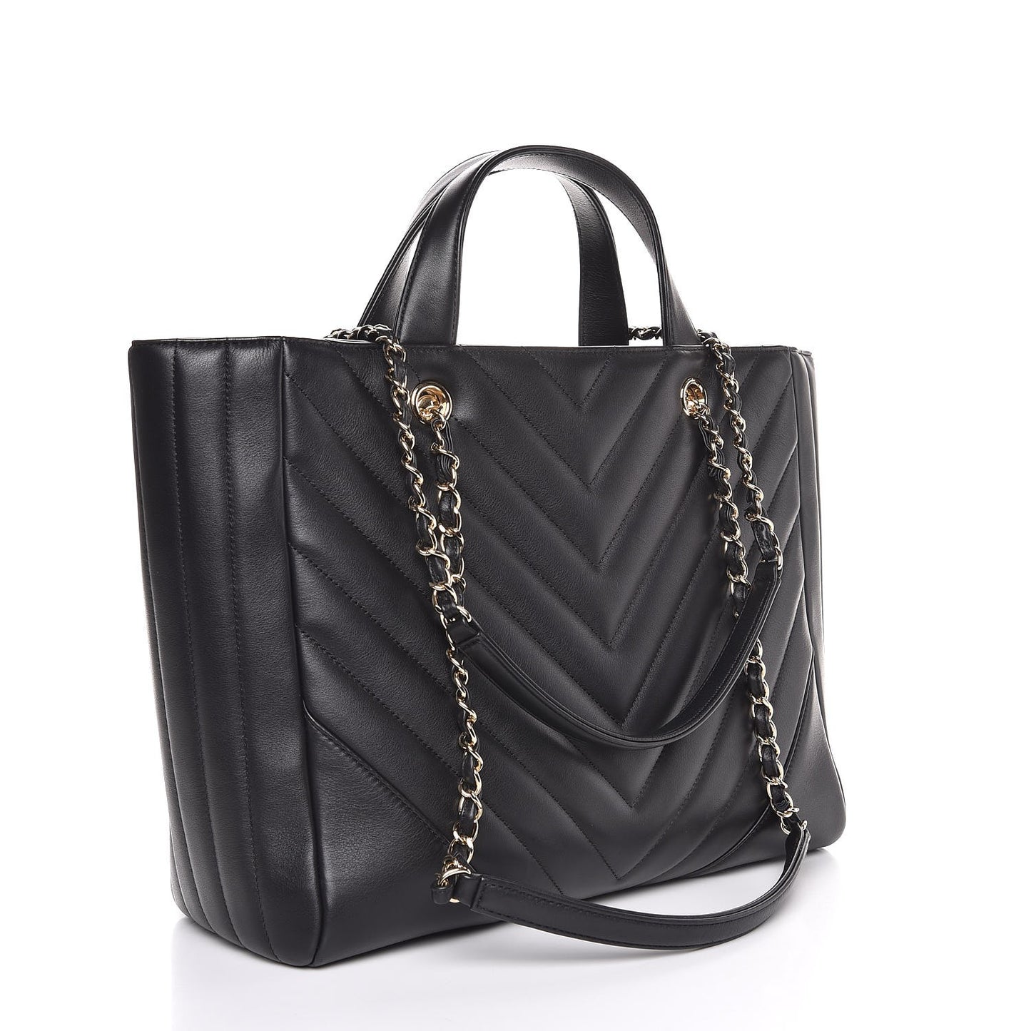 Calfskin Chevron Quilted Large Shopping Tote Black