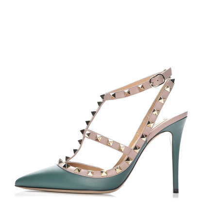 Valentino Garavani Calfskin Nappa Rockstud Ankle Strap 100mm Pumps 38 Giada Poudre 1 of 9