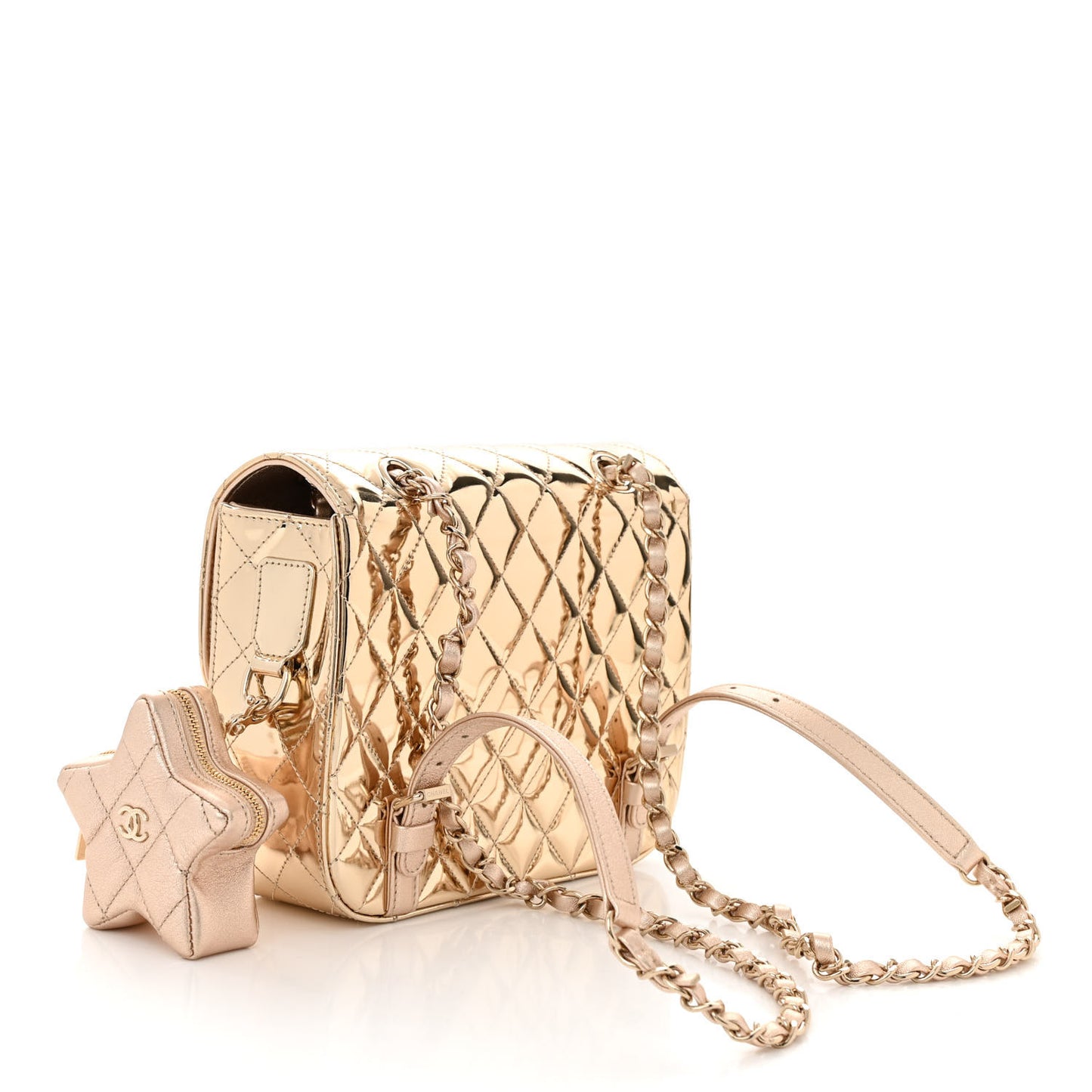 Mirror Calfskin Metallic Calfskin Quilted Hollywood Boulevard Backpack With Coin Purse Gold