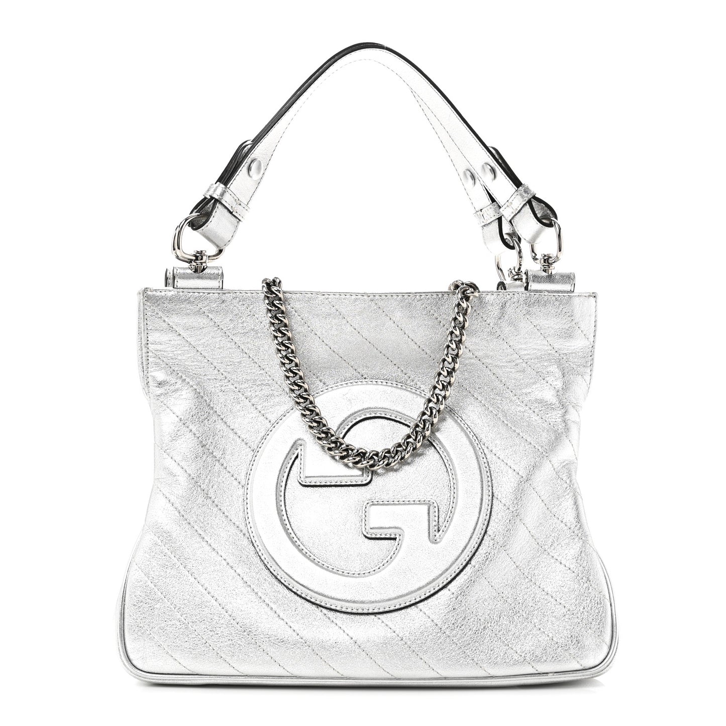 Sakai Be Green Calfskin Diagonal Stitched Small Blondie Tote Silver