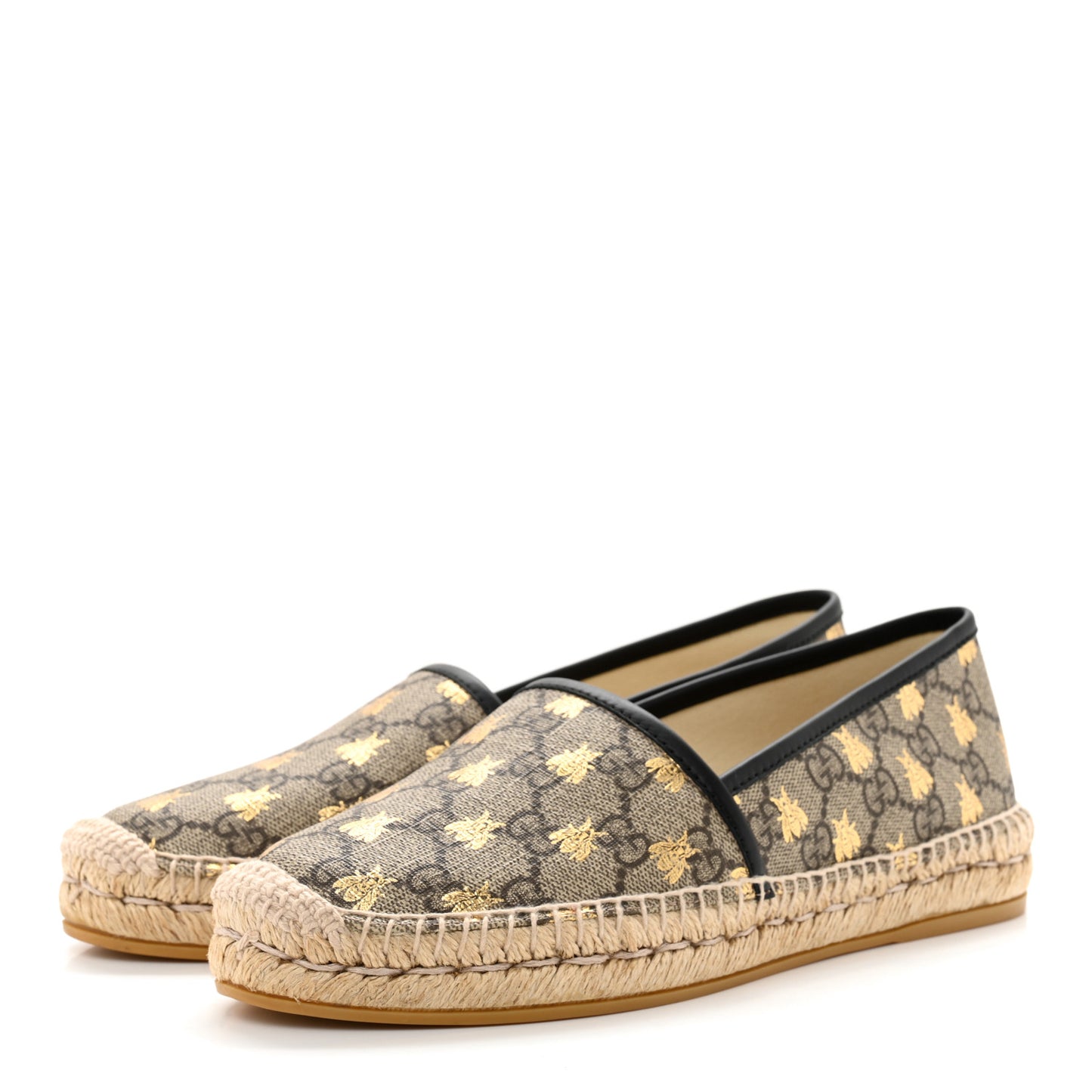 GG Supreme Monogram Bees Espadrille Flats 38 Beige Ebony Oro Black