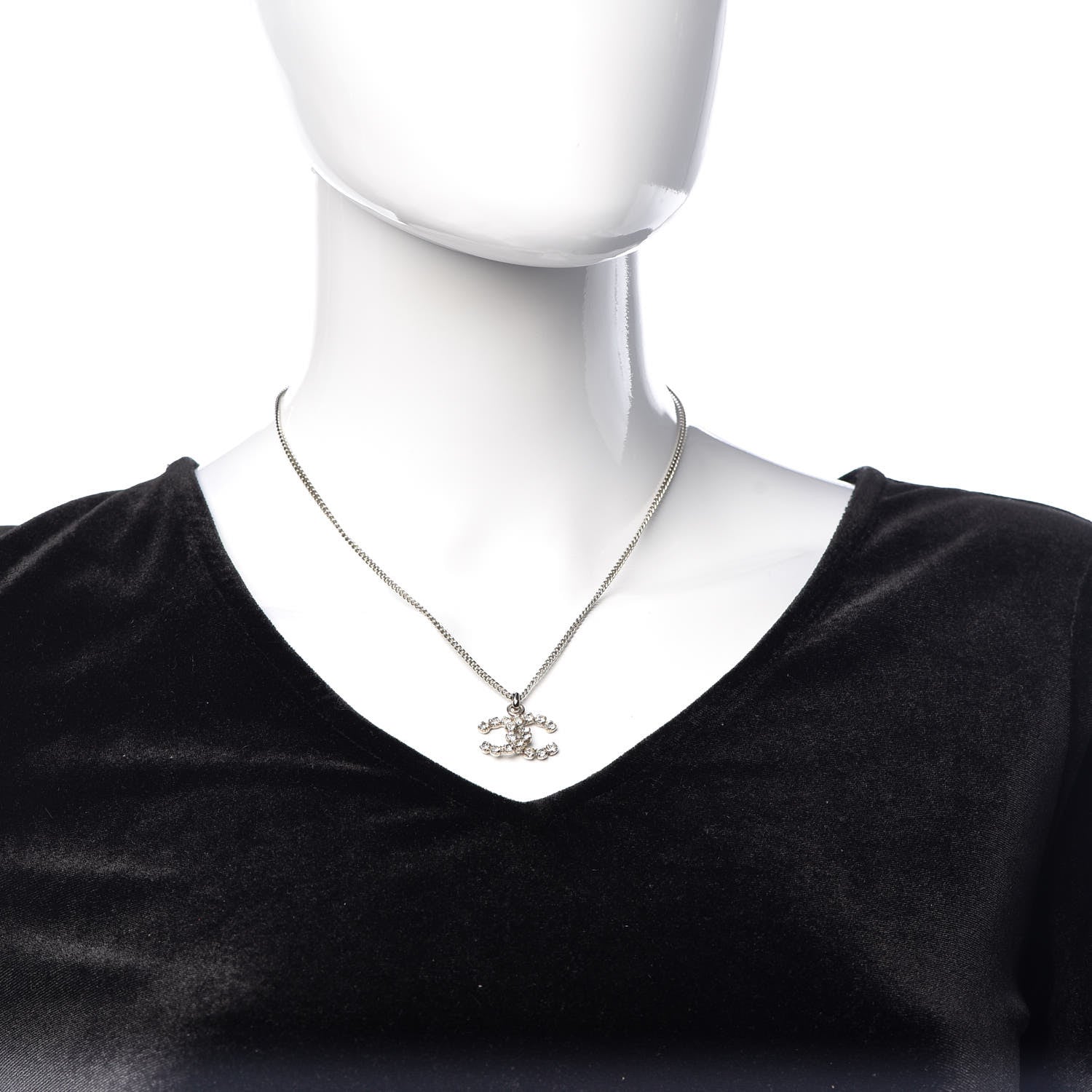 Chanel Crystal CC Pendant Necklace Silver 2 of 7