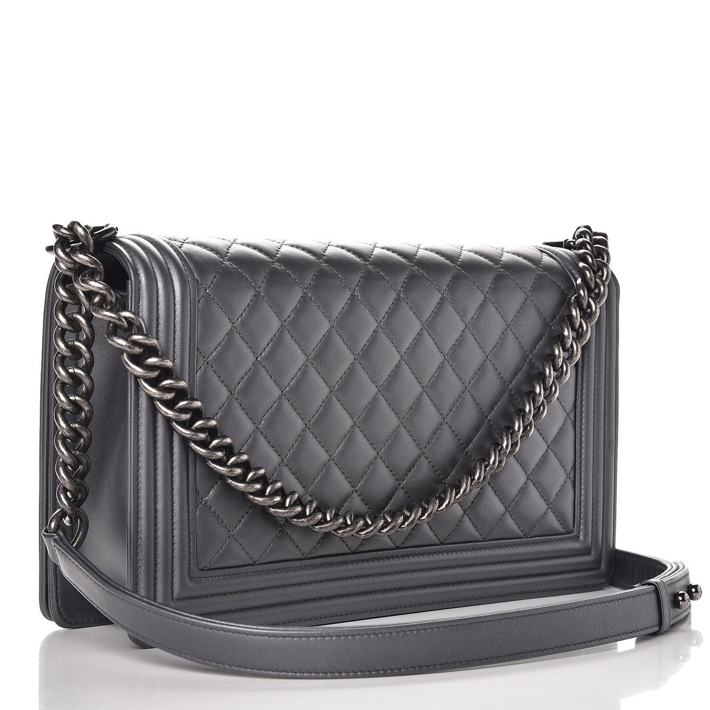 Metallic Calfskin Quilted New Medium Boy Flap Dark Silver