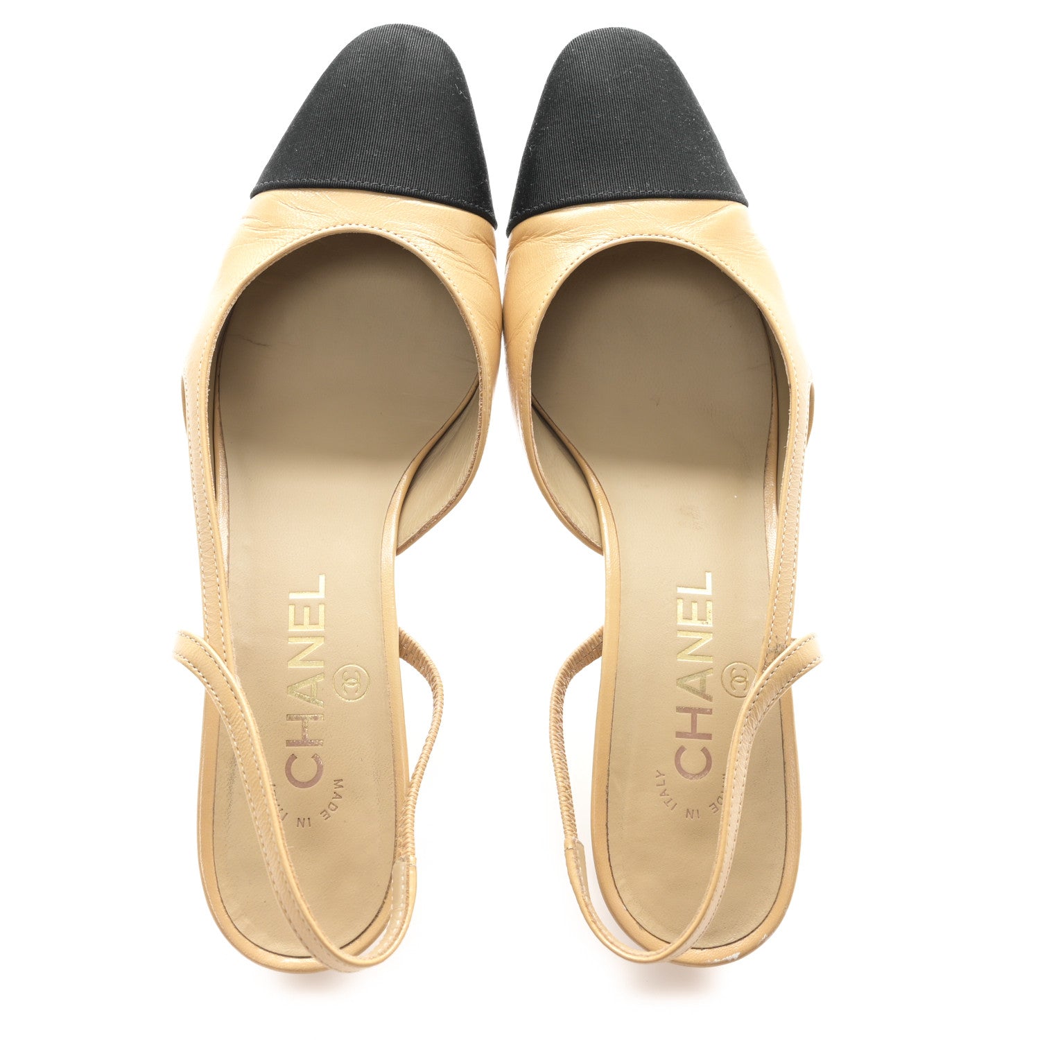 Chanel Goatskin Grosgrain Cap Toe CC Slingback Pumps 38.5 Beige