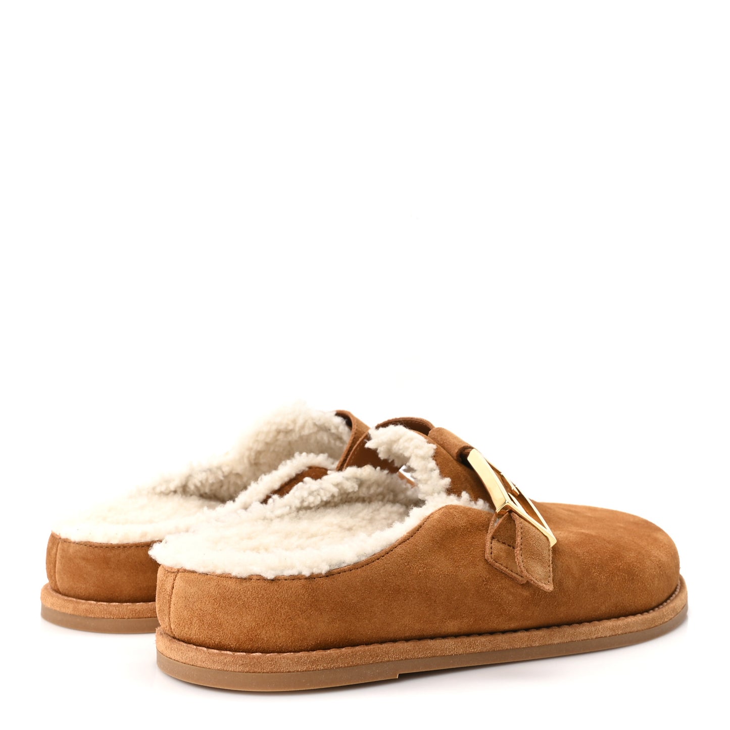 Suede Shearling Fendi Feel Buckled Clogs 39 Caramel Latte