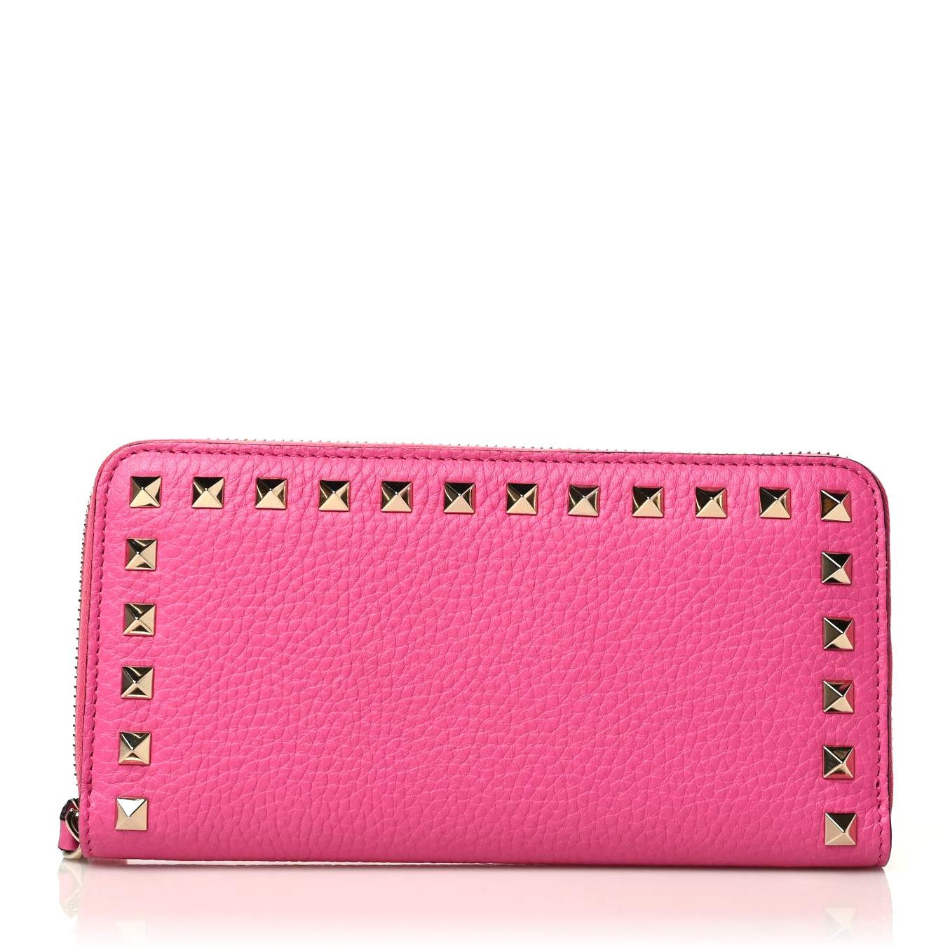 Pebbled Calfskin Rockstud Zip Around Wallet Pink Orchid