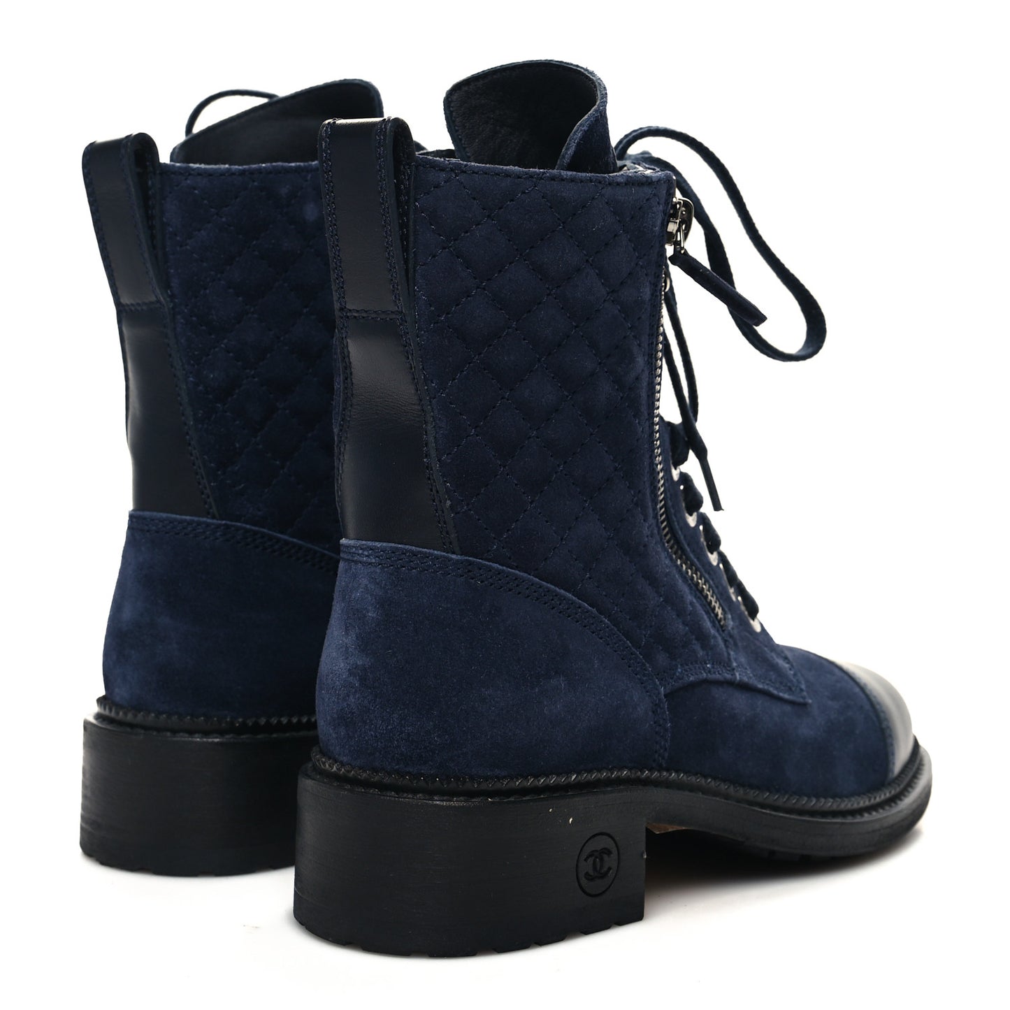 Suede Quilted CC Lace Up Combat Boots 36 Navy Black
