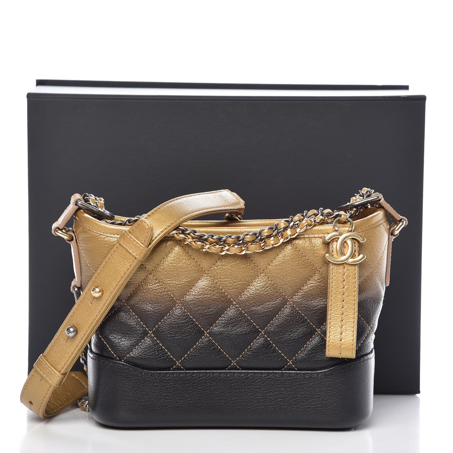 Metallic Goatskin Quilted Small Gabrielle Hobo Gold Black
