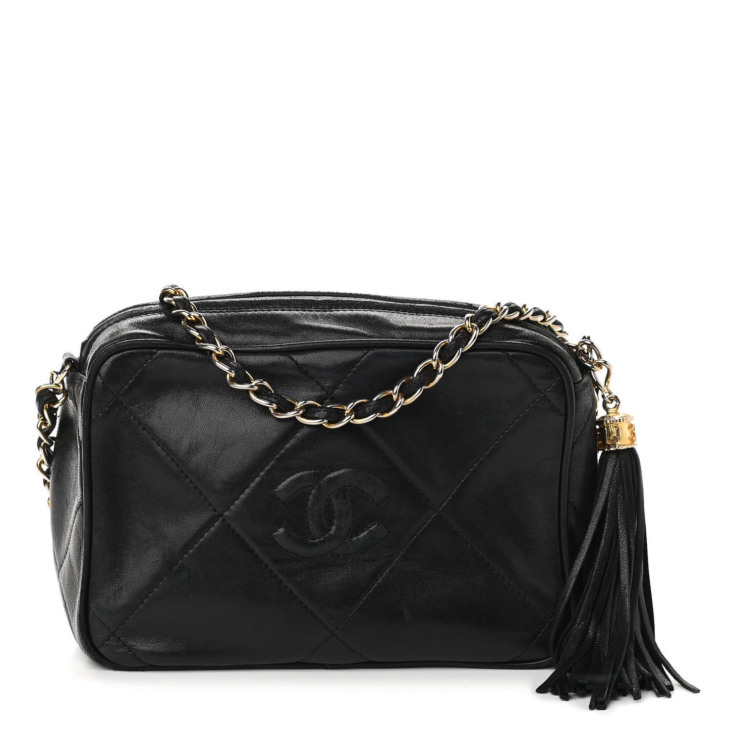 Lambskin Quilted CC Tassel Camera Case Black