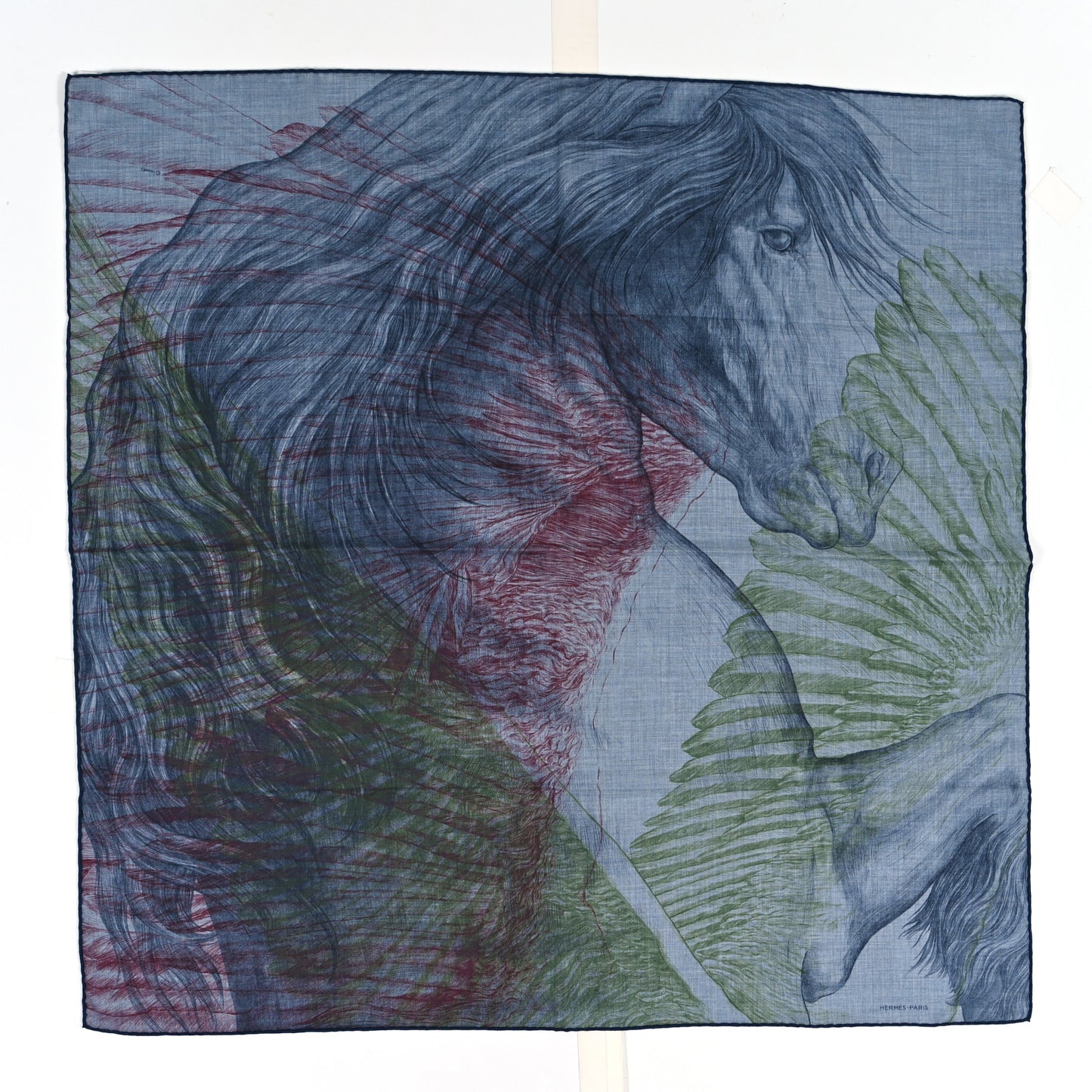 Cashmere Silk Les Ailes De Pegase Scarf 100 Bleu Chine Marine Vert