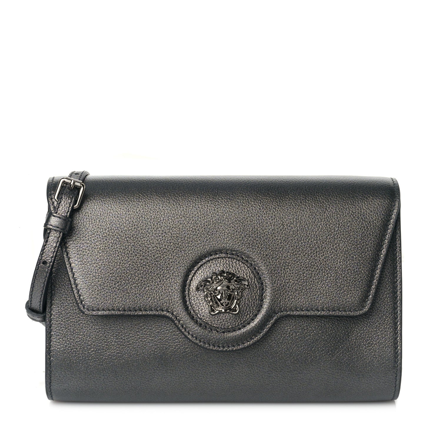 Metallic Grained Calfskin La Medusa Wallet On Strap Gunmetal