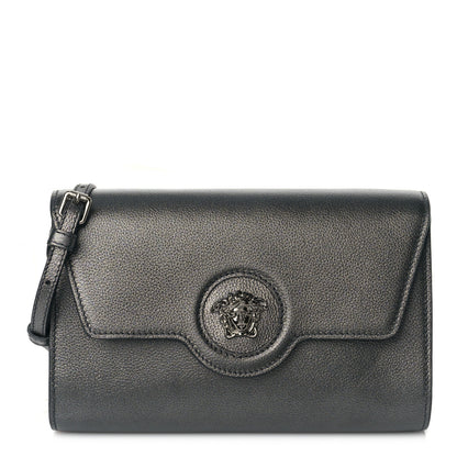 Versace Metallic Grained Calfskin La Medusa Wallet On Strap Gunmetal 1 of 7