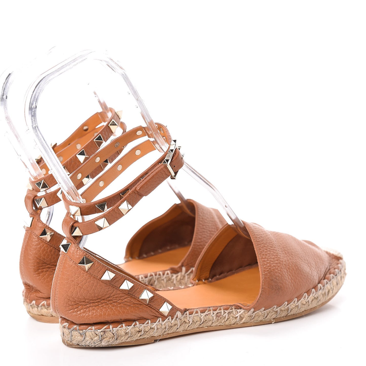 Grained Calfskin Rockstud Ankle Wrap Espadrille Flats 37 Cognac