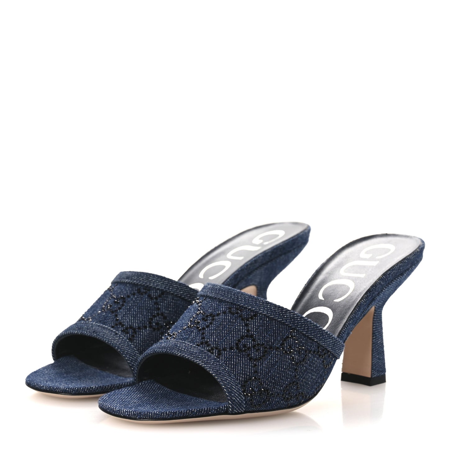 Denim Crystal GG Monogram Mules 36.5 Blue