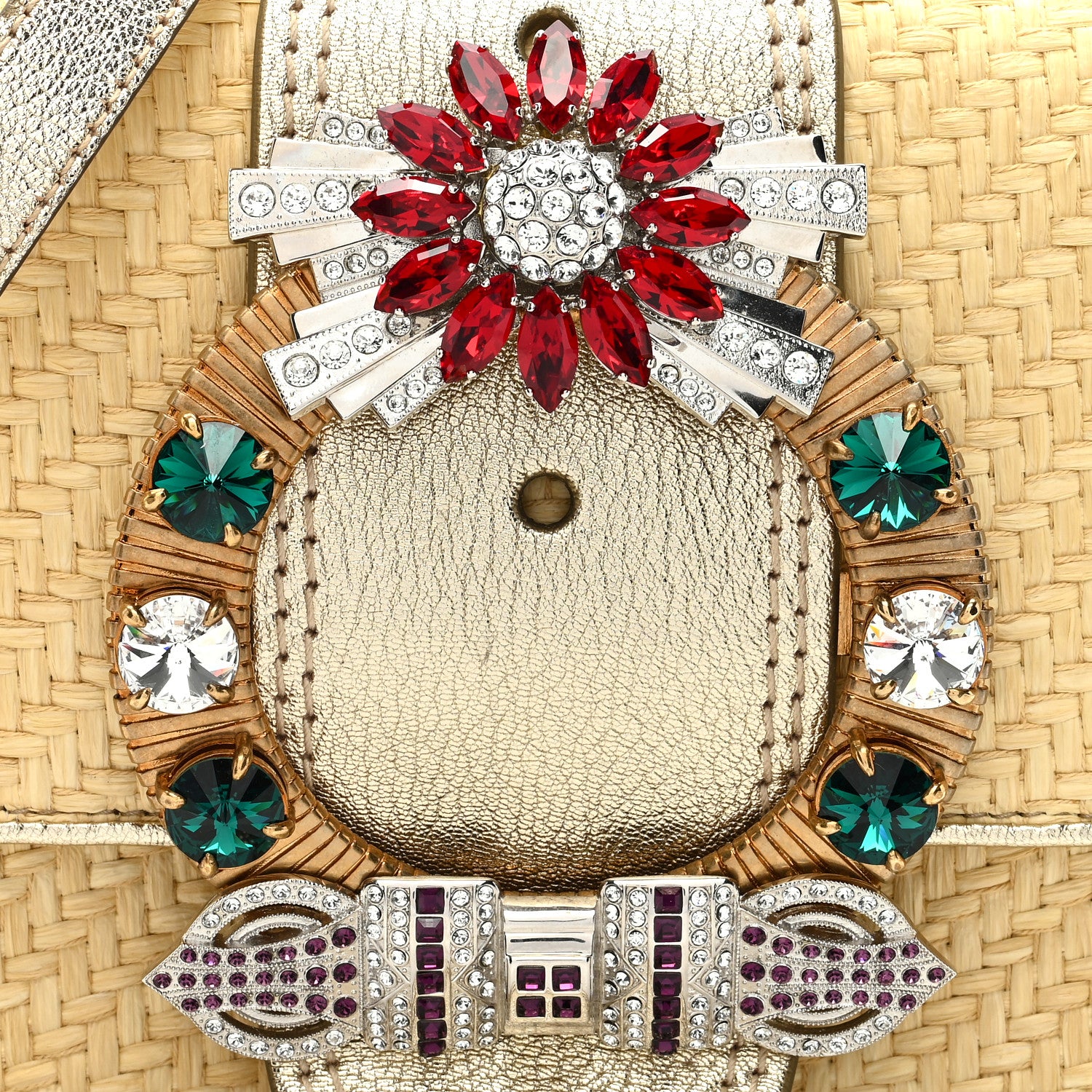 Miu Miu Raffia Madras Crystal Embellished Lady Shoulder Bag Naturale Pirite 7 of 9