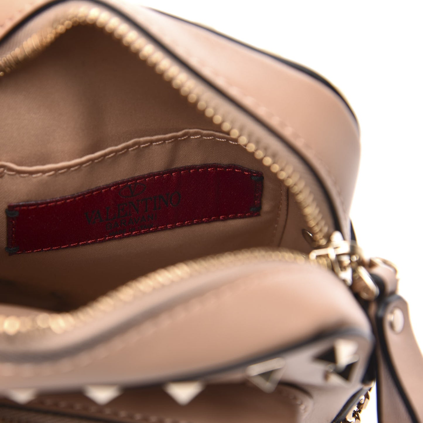 Calfskin Rockstud Double Pocket Chain Crossbody Bag Soft Noisette