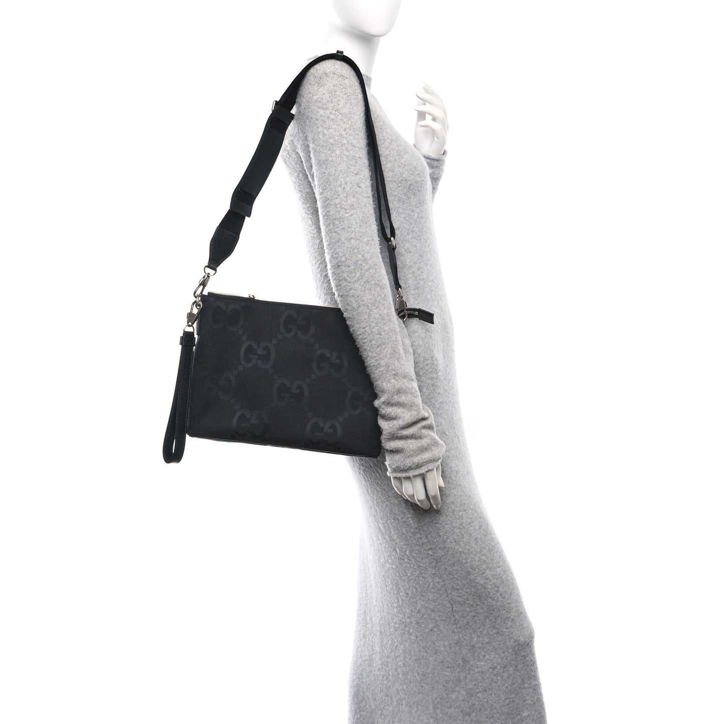 Monogram Jumbo GG Textured Dollar Calfskin Wristlet Messenger Bag Black