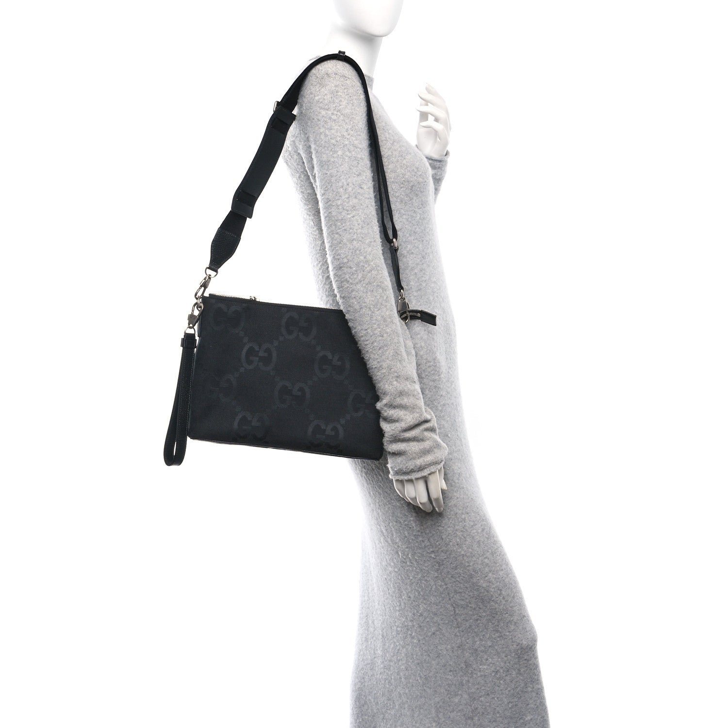Gucci Monogram Jumbo GG Textured Dollar Calfskin Wristlet Messenger Bag Black 3 of 10