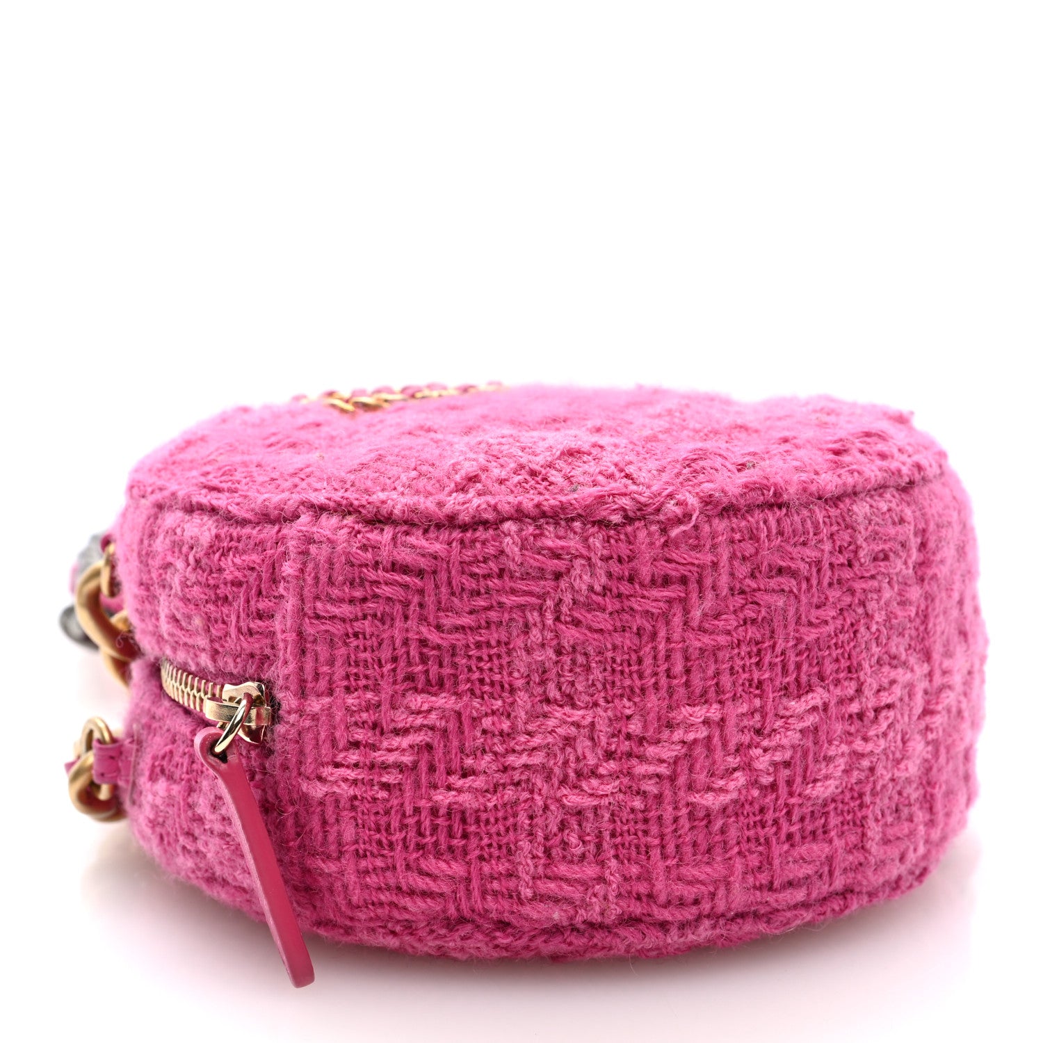 Chanel Wool Tweed Lambskin Quilted Chanel 19 Round Clutch With Chain and Coin Purse Fuchsia 5 of 10