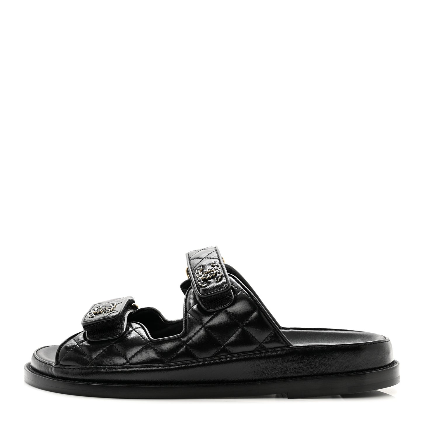 Lambskin Quilted Velcro Dad Chain CC Slide Sandals 38 Black