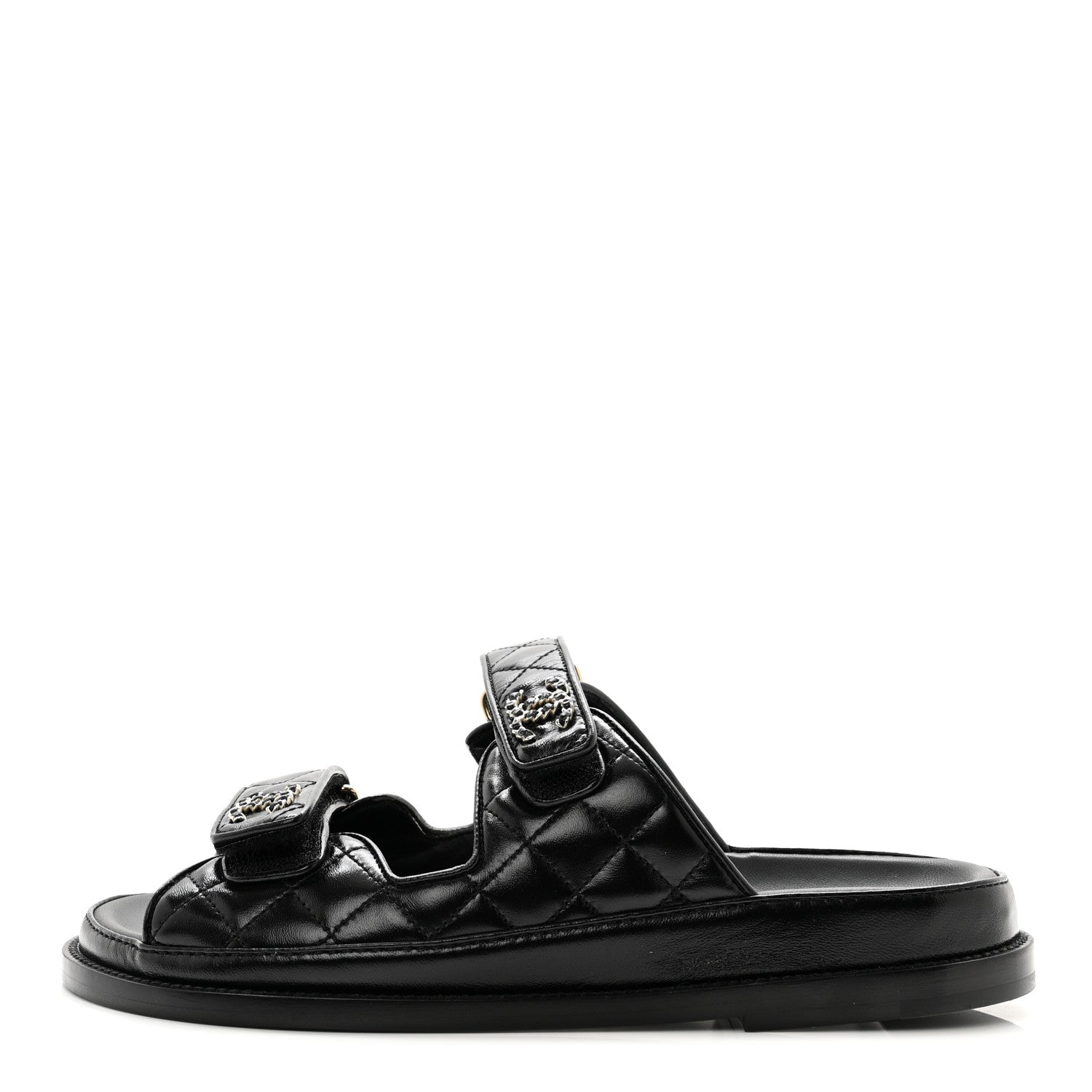 Chanel Lambskin Quilted Velcro Dad Chain CC Slide Sandals 38 Black 1 of 8
