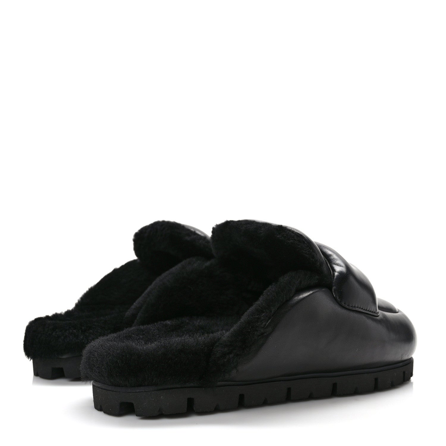 Prada Nappa Shearling Soft Padded Metal Triangle Logo Lug Sole 20mm Mules 37 Black 4 of 7