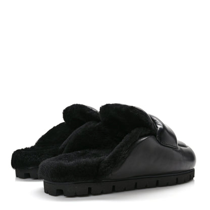 Prada Nappa Shearling Soft Padded Metal Triangle Logo Lug Sole 20mm Mules 37 Black 4 of 7