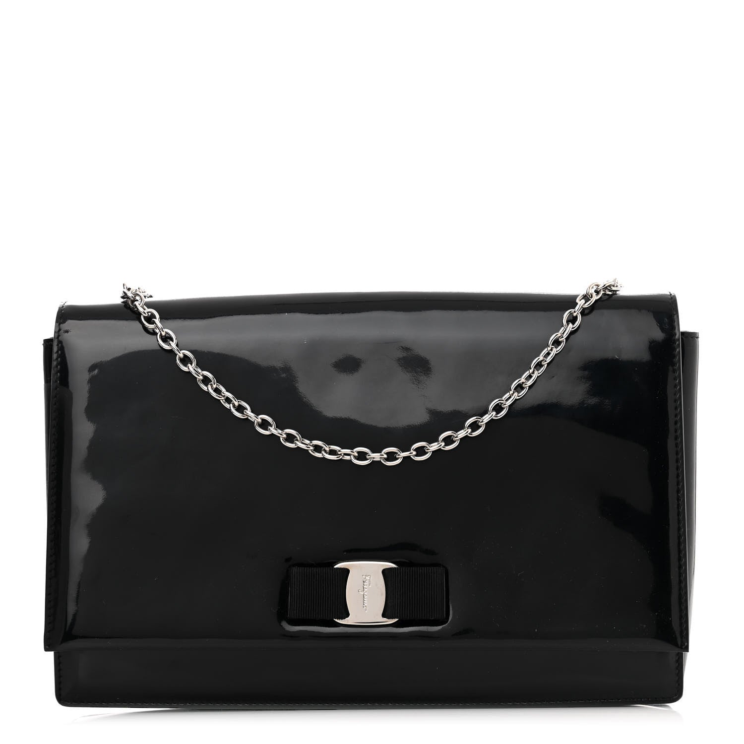 Salvatore Ferragamo Patent Large Ginny Vara Bow Shoulder Bag Black 1 of 12