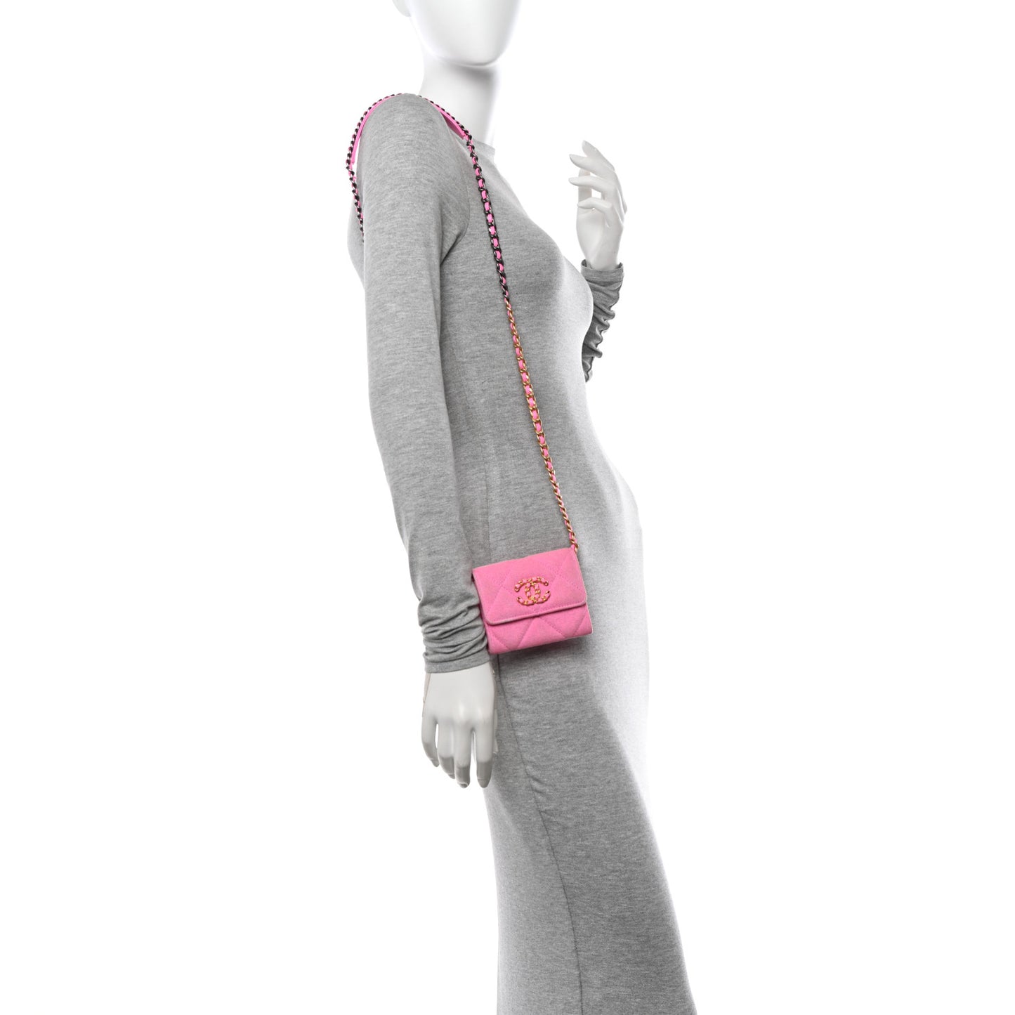 Denim Quilted Chanel 19 Flap Coin Purse With Chain Pink