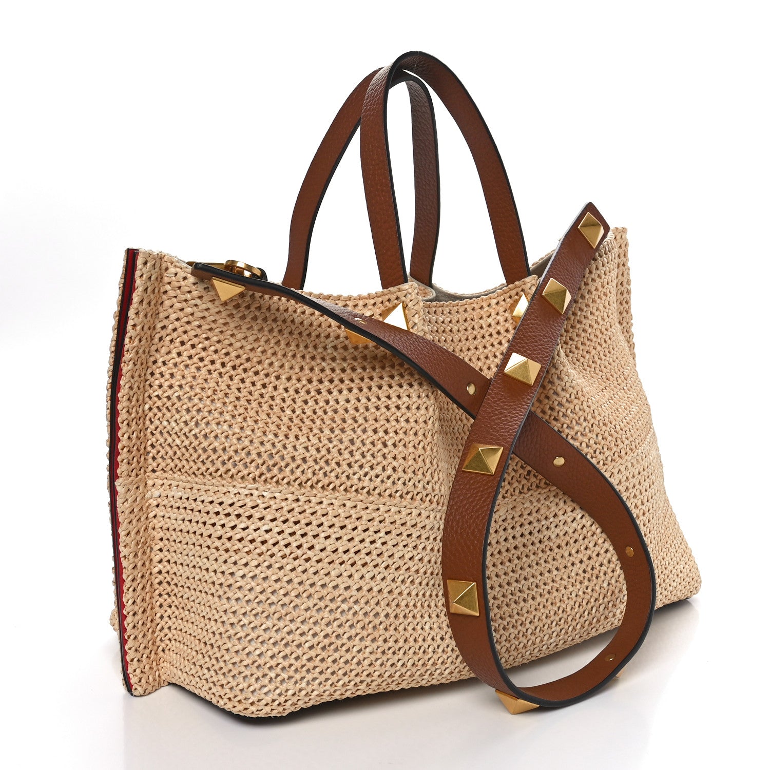 Valentino Garavani Raffia Grained Calfskin Medium Rockstud Vlogo Tote Naturale 2 of 10