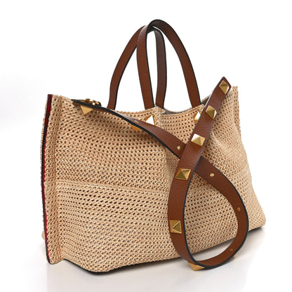 Valentino Garavani Raffia Grained Calfskin Medium Rockstud Vlogo Tote Naturale 2 of 10