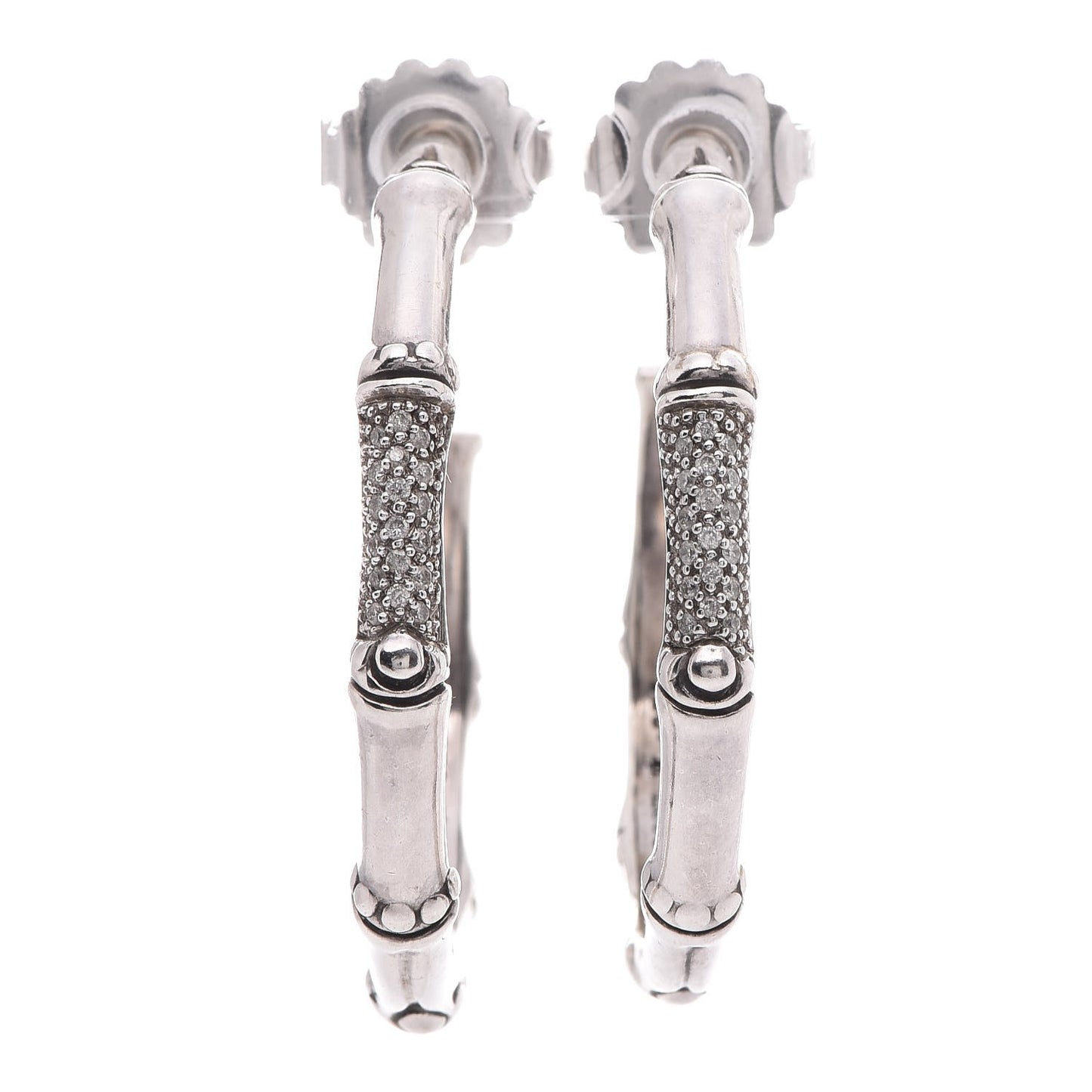 Sterling Silver Diamond 39mm Bamboo Hoop Earrings