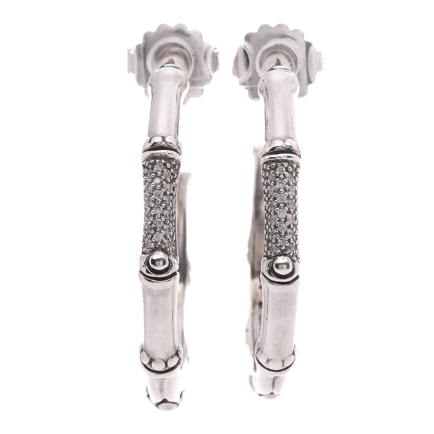 John Hardy Sterling Silver Diamond 39mm Bamboo Hoop Earrings 1 of 8