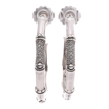 John Hardy Sterling Silver Diamond 39mm Bamboo Hoop Earrings 1 of 8