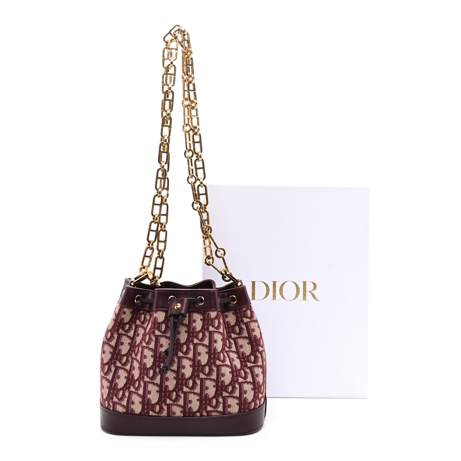 Christian Dior Oblique Drawstring Chain Bucket Bag Burgundy 11 of 11
