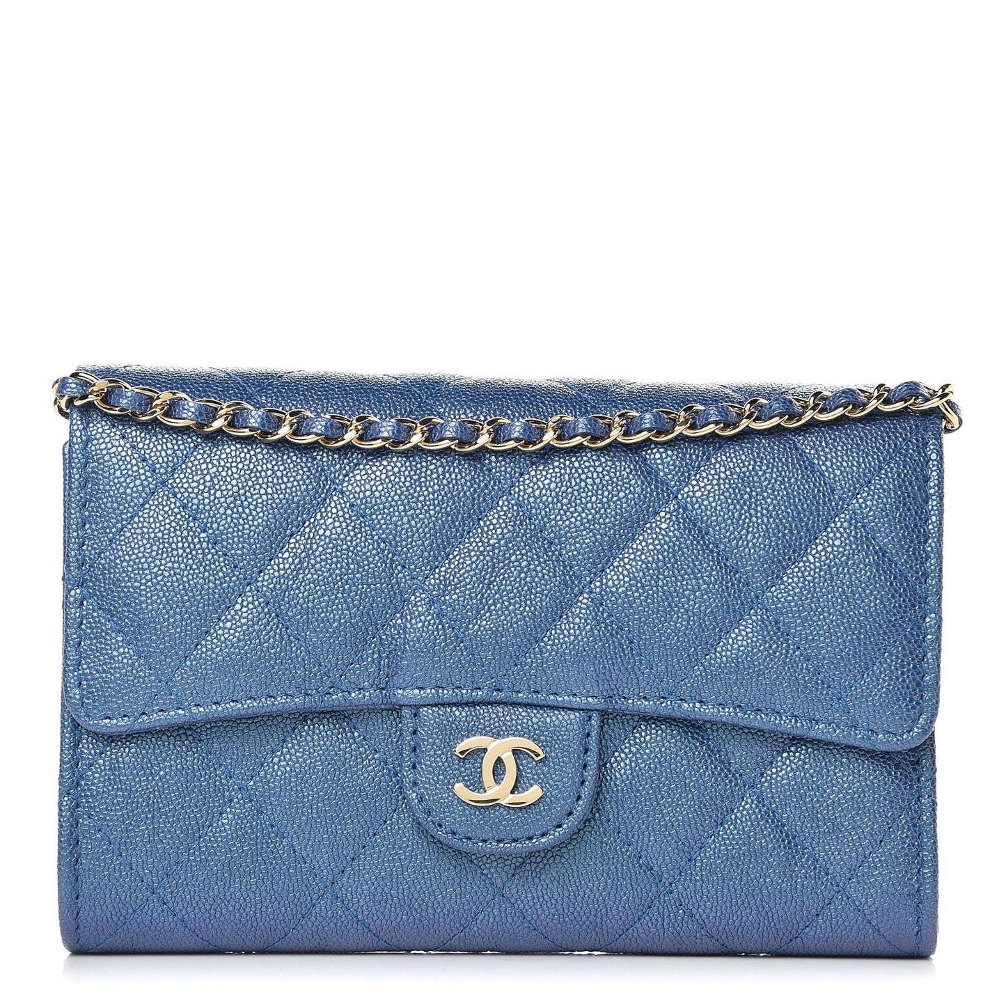 Iridescent Caviar Quilted Classic Clutch With Chain Dark Blue