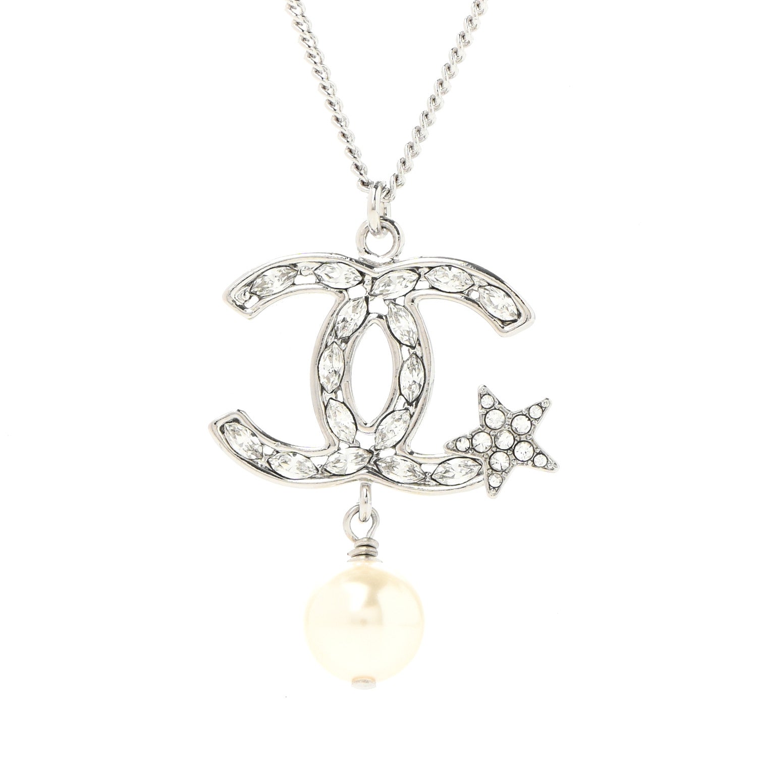 Chanel Crystal CC Star Pearl Drop Necklace Silver 4 of 6