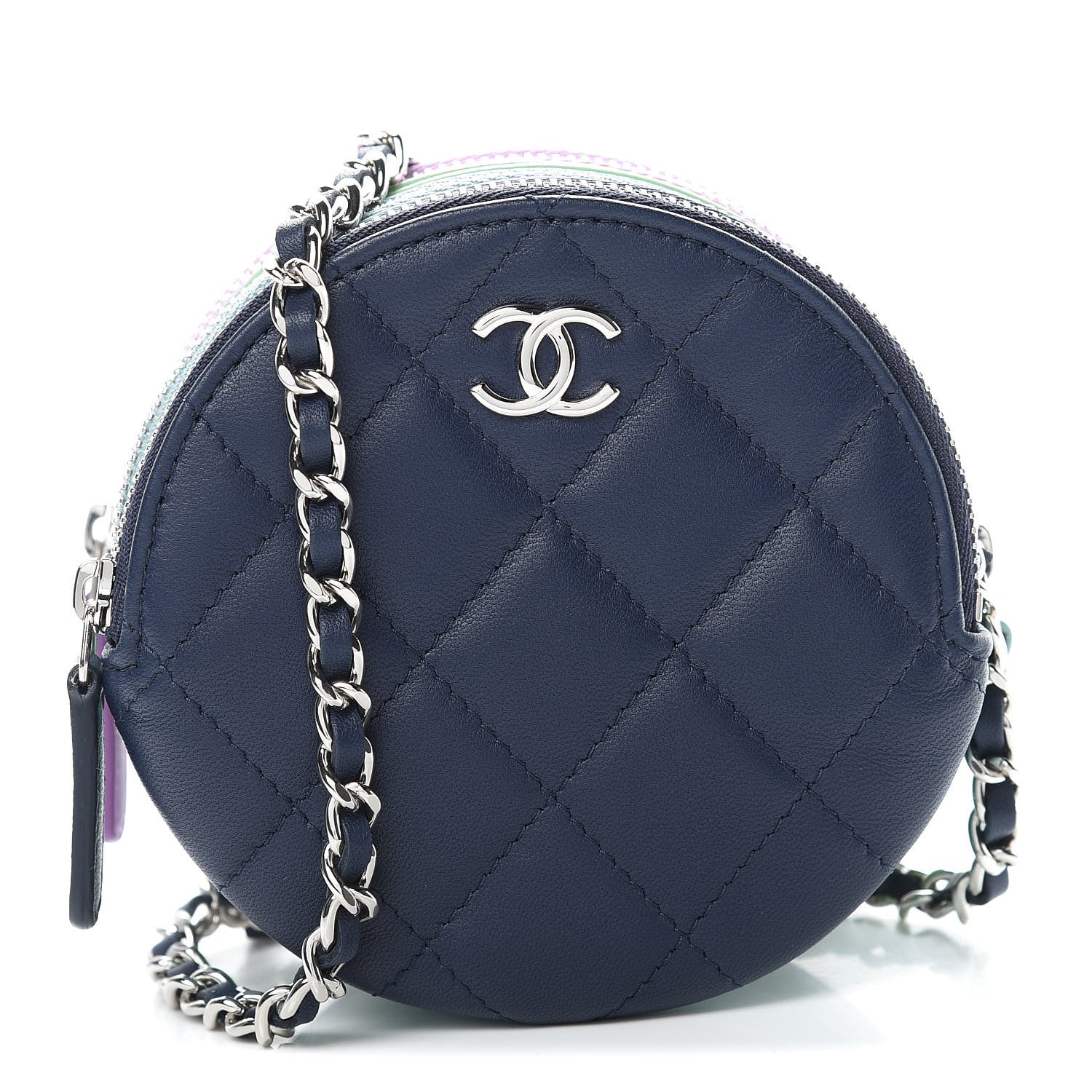 Chanel Lambskin Quilted Round Clutch With Chain Navy Blue Green Purple 1 of 11