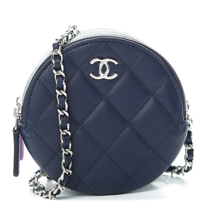 Chanel Lambskin Quilted Round Clutch With Chain Navy Blue Green Purple 1 of 11