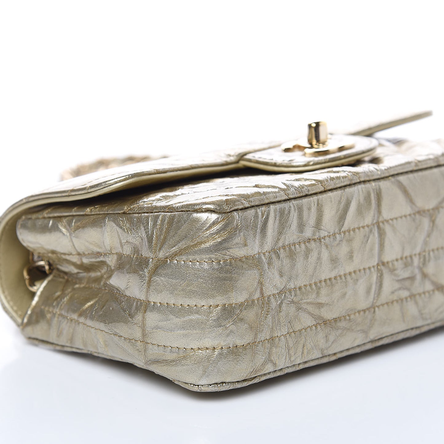 Patent Metallic Crumpled Calfskin Chevron Quilted Mini Rectangular Flap Gold