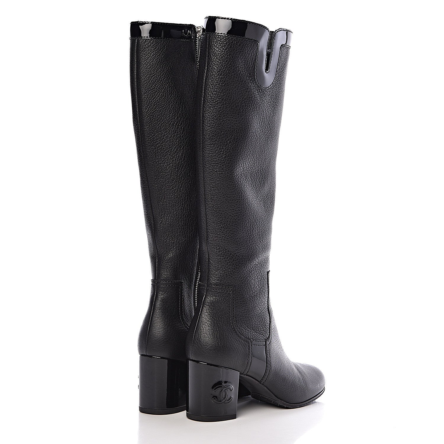 Chanel Grained Goatskin Patent Calfskin High Boots 37.5 Black 4 of 9