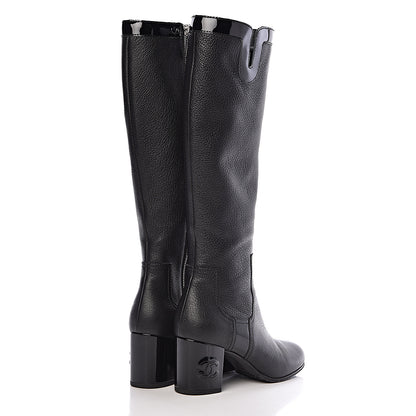 Chanel Grained Goatskin Patent Calfskin High Boots 37.5 Black 4 of 9