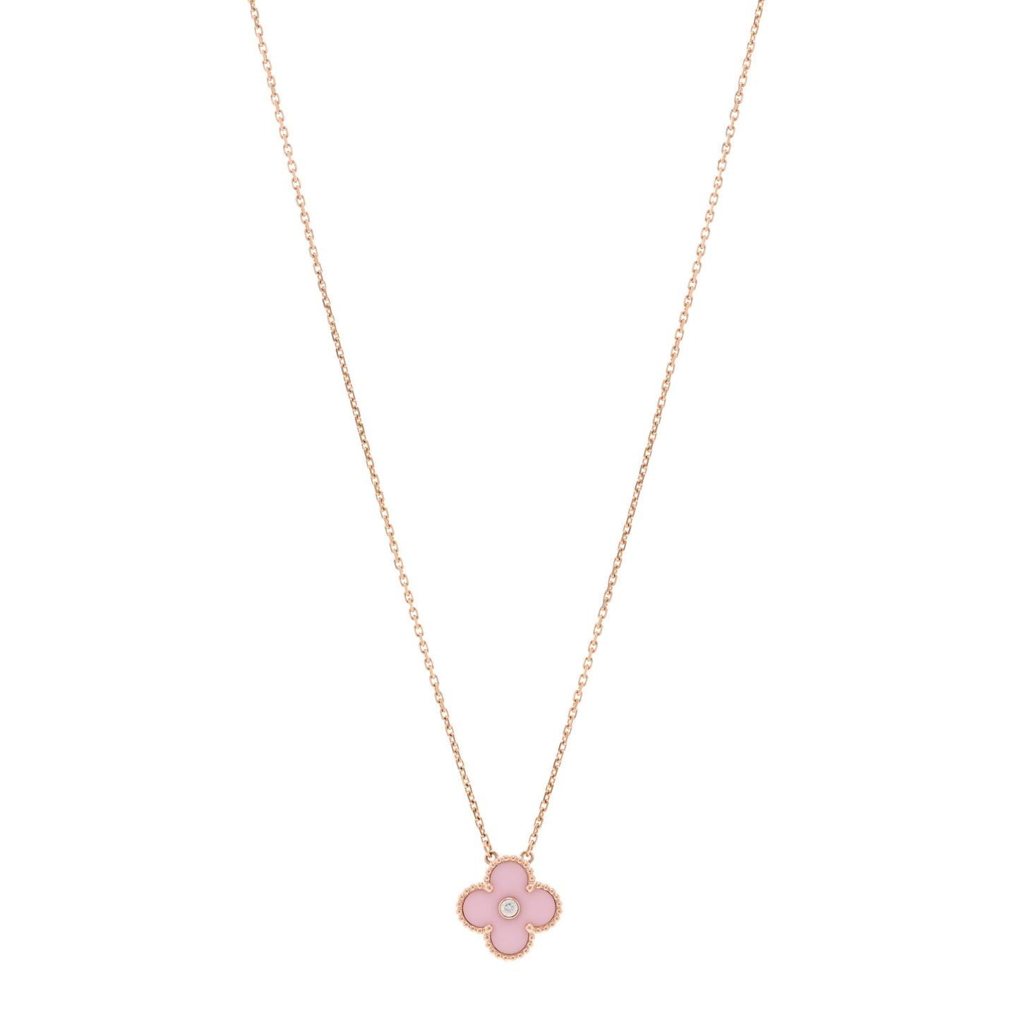 18K Rose Gold Diamond Pink Porcelain Vintage Alhambra Pendant Necklace