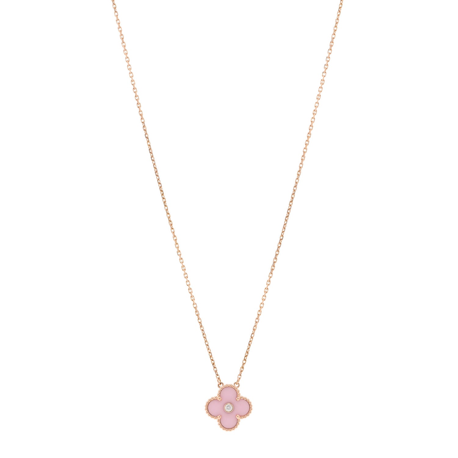 Van Cleef & Arpels 18K Rose Gold Diamond Pink Porcelain Vintage Alhambra Pendant Necklace 1 of 5