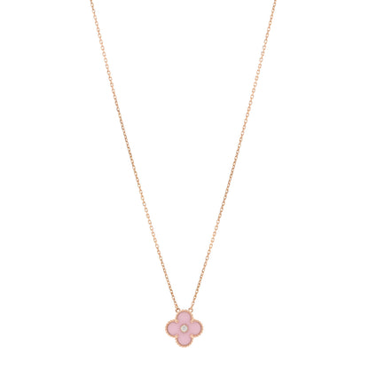 Van Cleef & Arpels 18K Rose Gold Diamond Pink Porcelain Vintage Alhambra Pendant Necklace 1 of 5