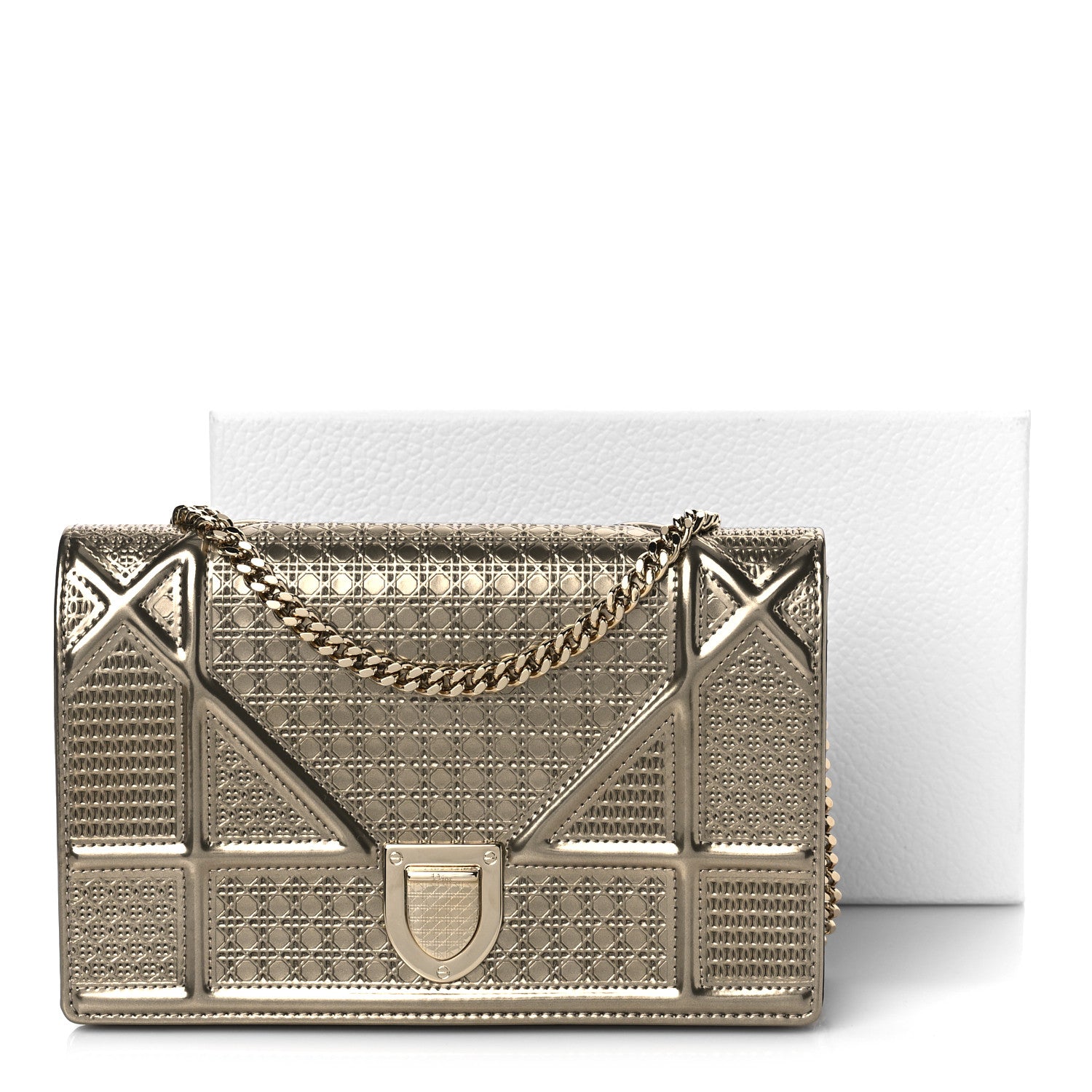 Christian Dior Metallic Patent Micro-Cannage Diorama Wallet on Chain Pouch Gold 9 of 9